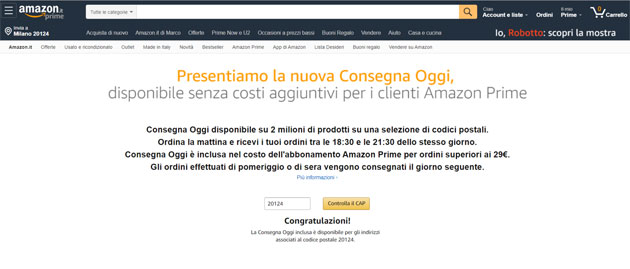 Amazon annuncia Consegna Oggi a Torino