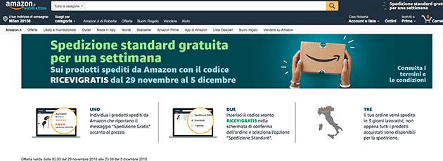 Amazon, spedizione standard  gratuita per una settimana 