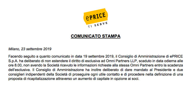 ePrice valuta un aumento di capitale in opzione ai soci