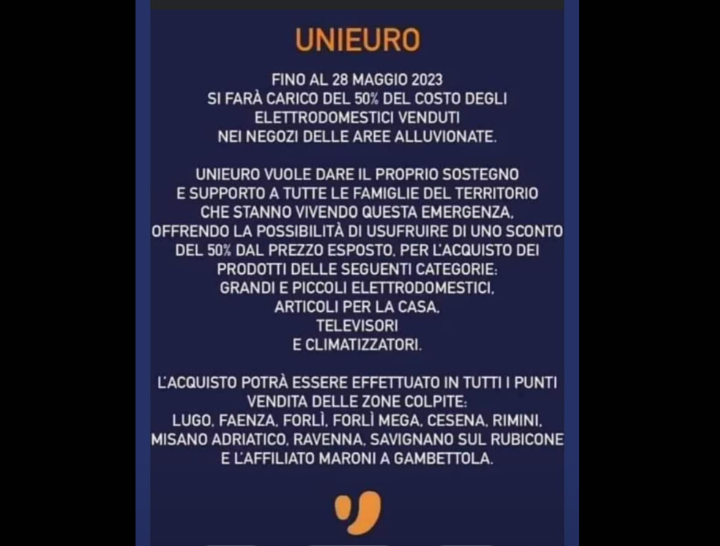 Unieuro sconta il 50% nelle aree dell’alluvione Unieuro sconta il 50% nelle aree dell’alluvione